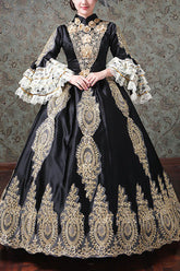 Robe de bal Lolita victorienne imprimée de broderie creuse à taille haute avec manches trompette à demi-manches à plusieurs couches